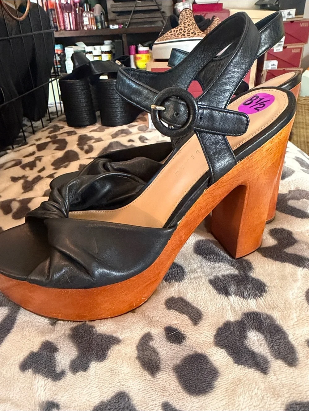 Veronica Beard Black Leather Platform Sandals Size 8.5 Wood Block Heel
